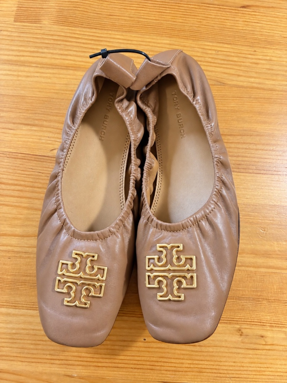 Tory Burch Brown Leather Ballet Flats Gold Double T Logo Size 6M